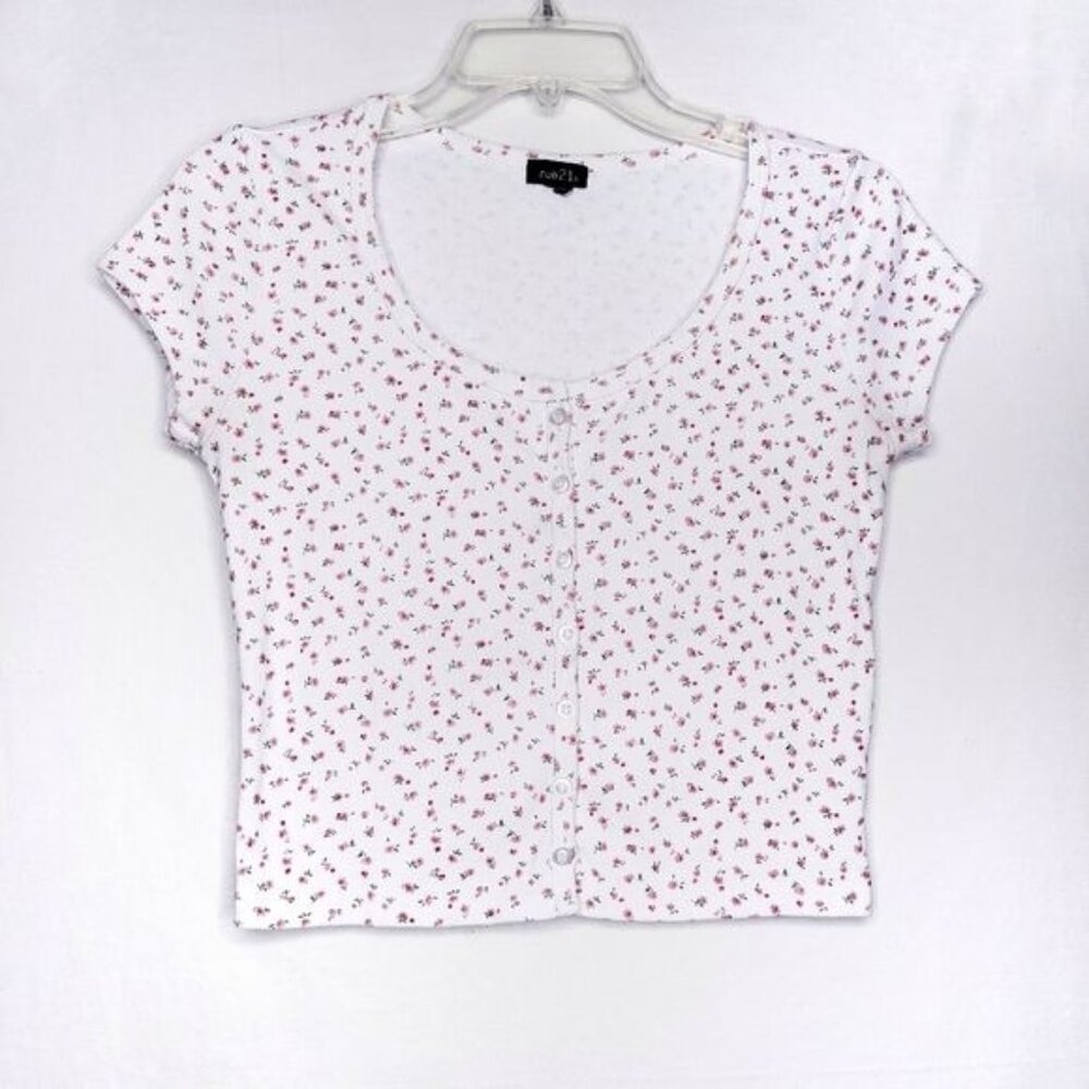 Rue 21 Floral Pink Flower Button Front Short Sleeve Crop Top Size Small